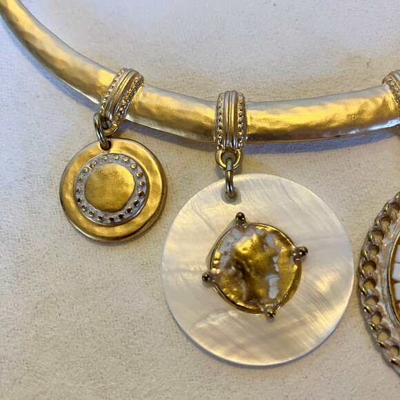 Chico's Set Necklace Bracelet Coin Pendant Gold Tone Metal Mother Of Pearl Stone - Picture 5 of 15